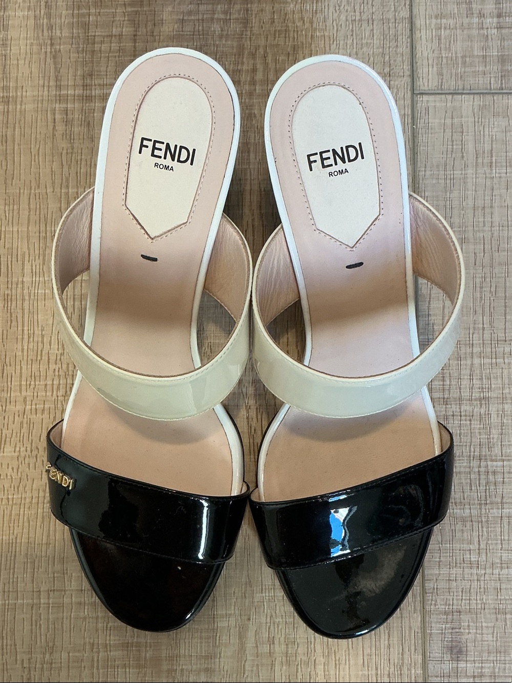 Fendi Black and Cream Patent Leather Slide Mules